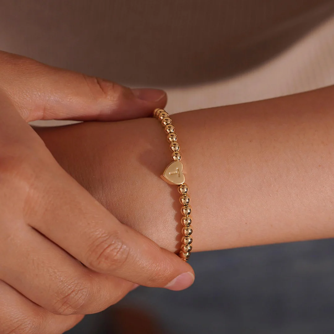 Gold Beaded Bracelet with Heart Initial - Image 5