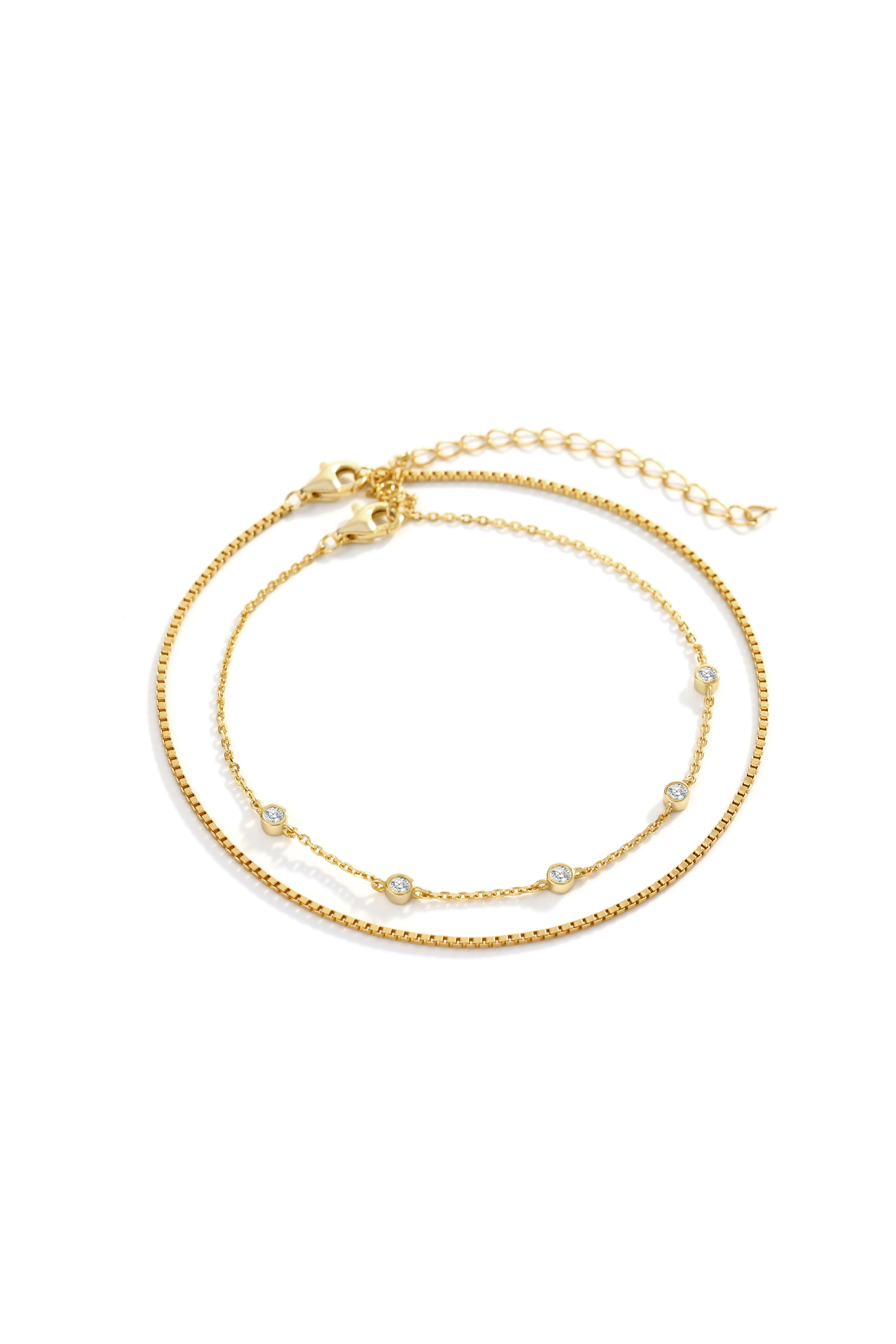 Bezel Set Diamond Bracelet and Box Chain Bracelet Stacking Set - Image 3
