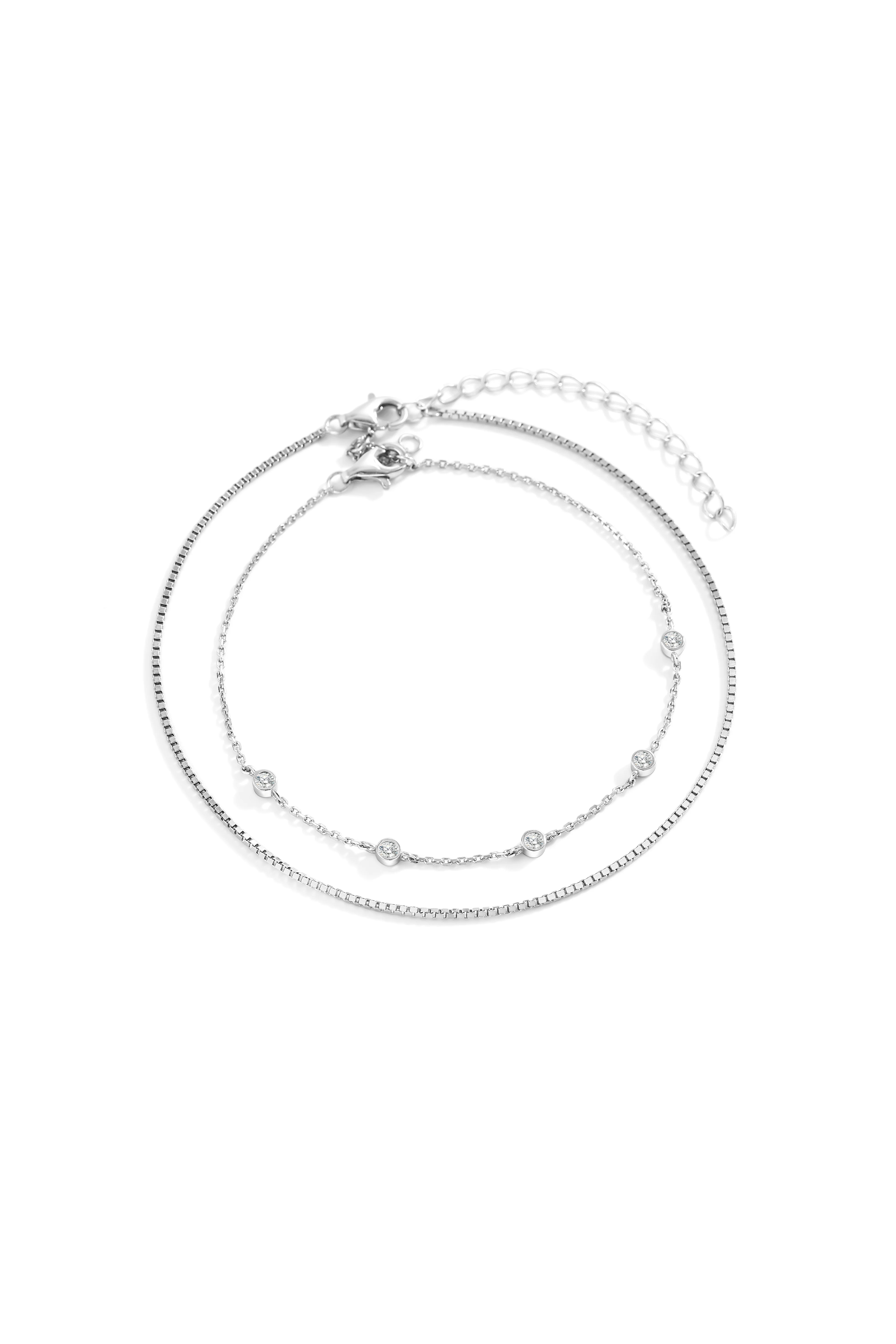 Bezel Set Diamond Bracelet and Box Chain Bracelet Stacking Set - Image 4
