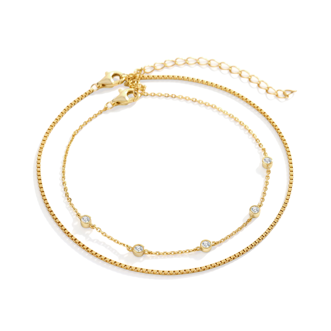 Bezel Set Diamond Bracelet and Box Chain Bracelet Stacking Set - Image 6