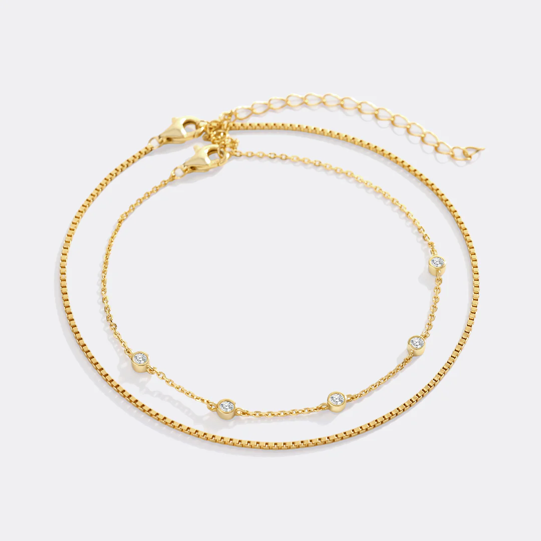 Bezel Set Diamond Bracelet and Box Chain Bracelet Stacking Set - Image 7