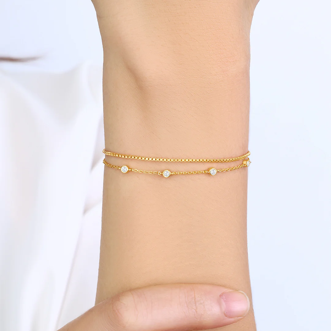 Bezel Set Diamond Bracelet and Box Chain Bracelet Stacking Set - Image 8
