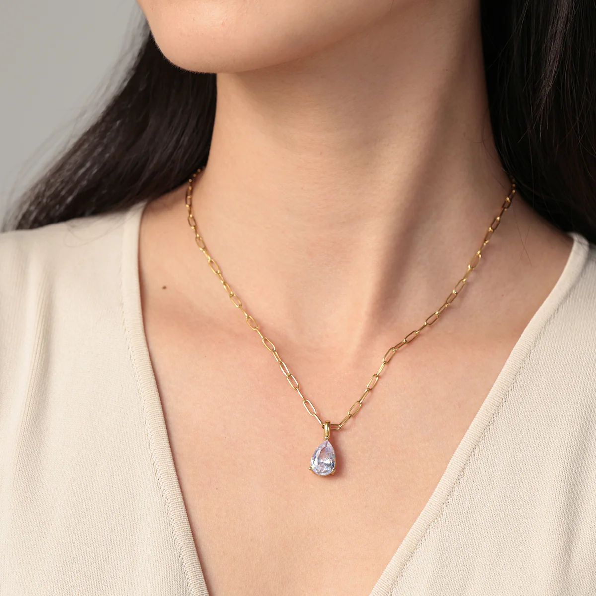 Birthstone Pendant Necklace with Dainty Paperclip Chain - Image 7