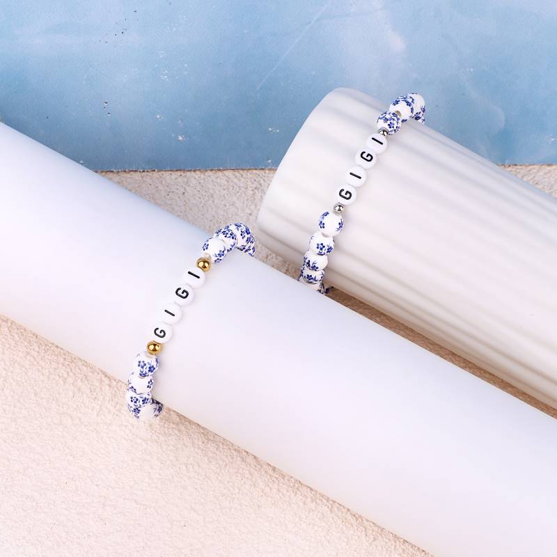 Custom Name Blue Porcelain Floral Beaded Bracelet - Image 11