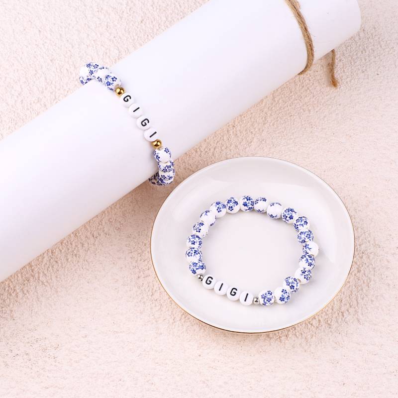 Custom Name Blue Porcelain Floral Beaded Bracelet - Image 12
