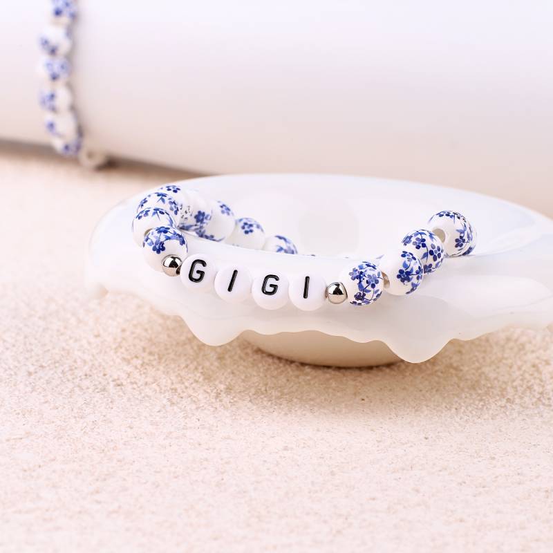 Custom Name Blue Porcelain Floral Beaded Bracelet - Image 16