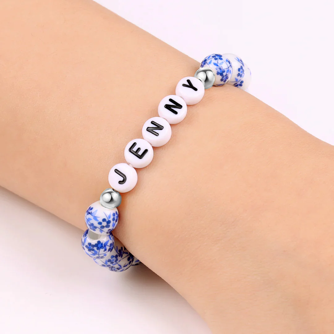 Custom Name Blue Porcelain Floral Beaded Bracelet - Image 18