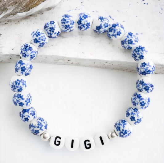 Custom Name Blue Porcelain Floral Beaded Bracelet - Image 22