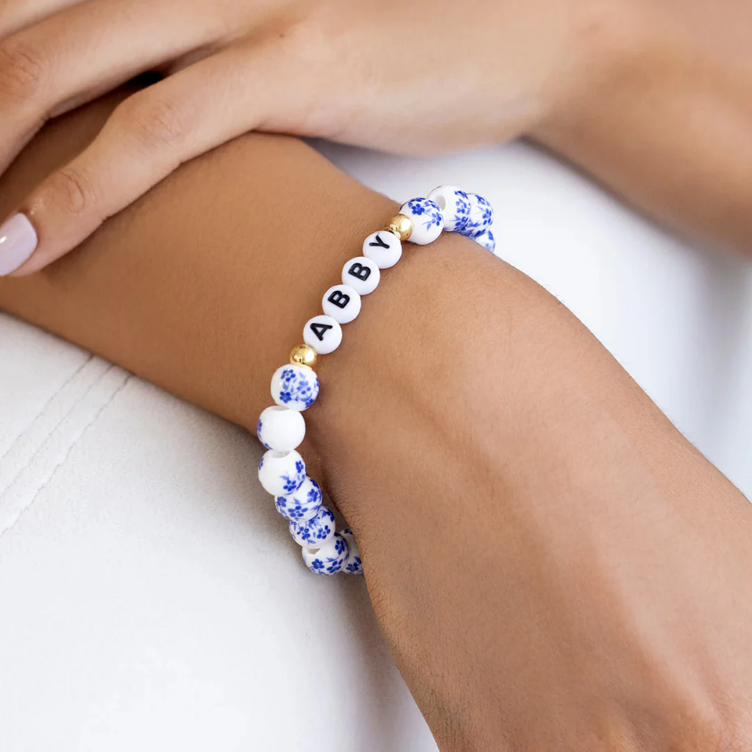 Custom Name Blue Porcelain Floral Beaded Bracelet - Image 28