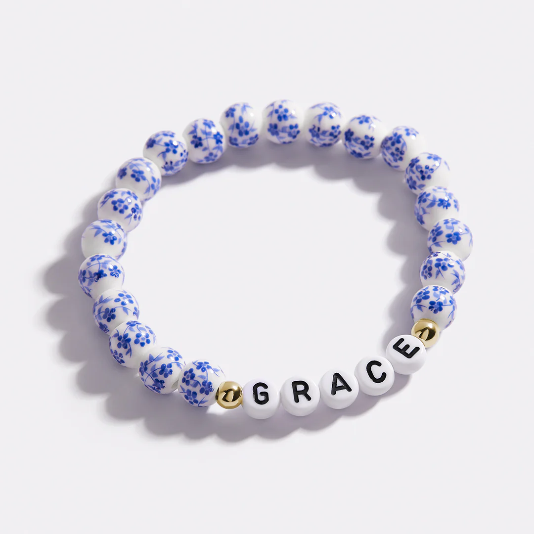 Custom Name Blue Porcelain Floral Beaded Bracelet - Image 31