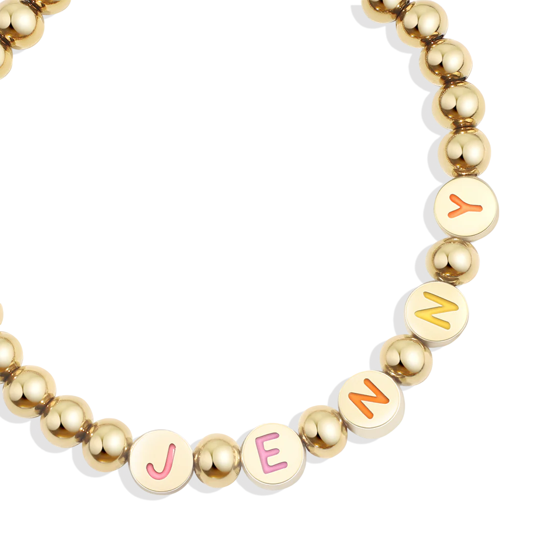 Custom Rainbow Letter Gold Disc Beaded Bracelet - Image 6
