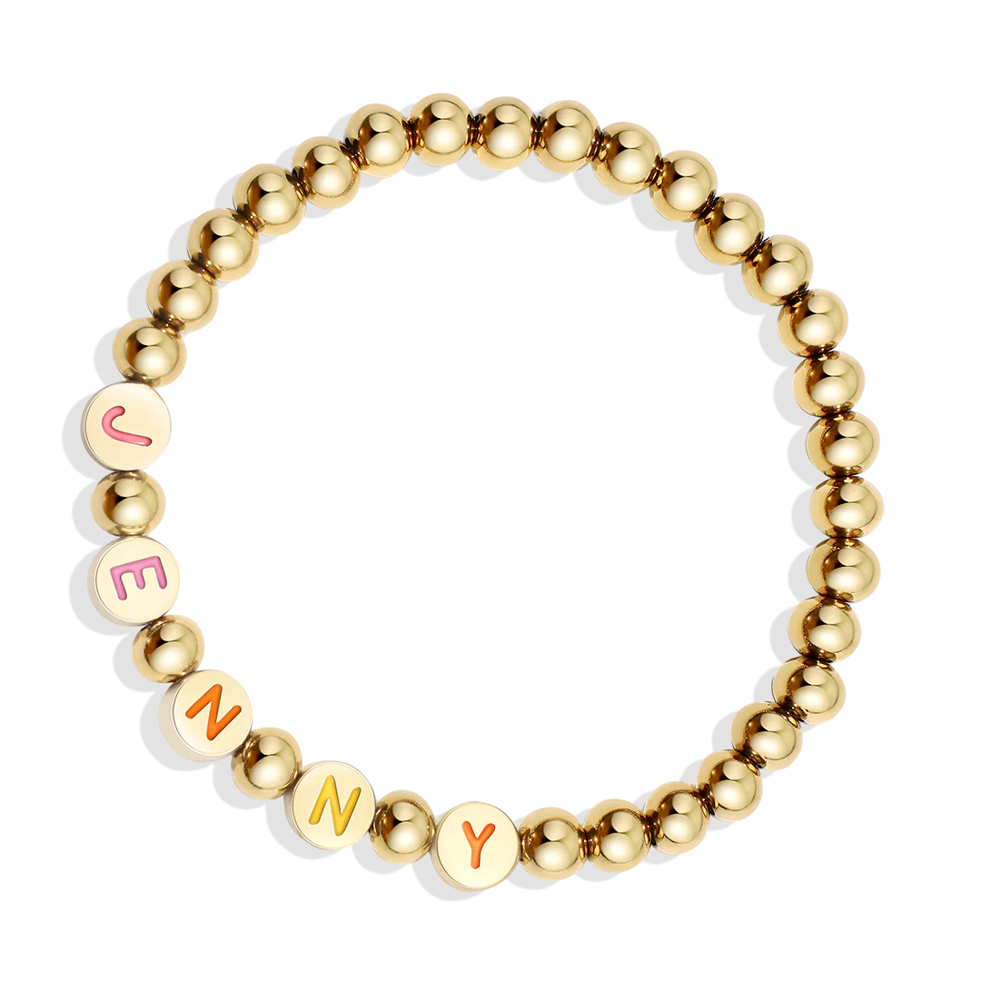 Custom Rainbow Letter Gold Disc Beaded Bracelet - Image 9
