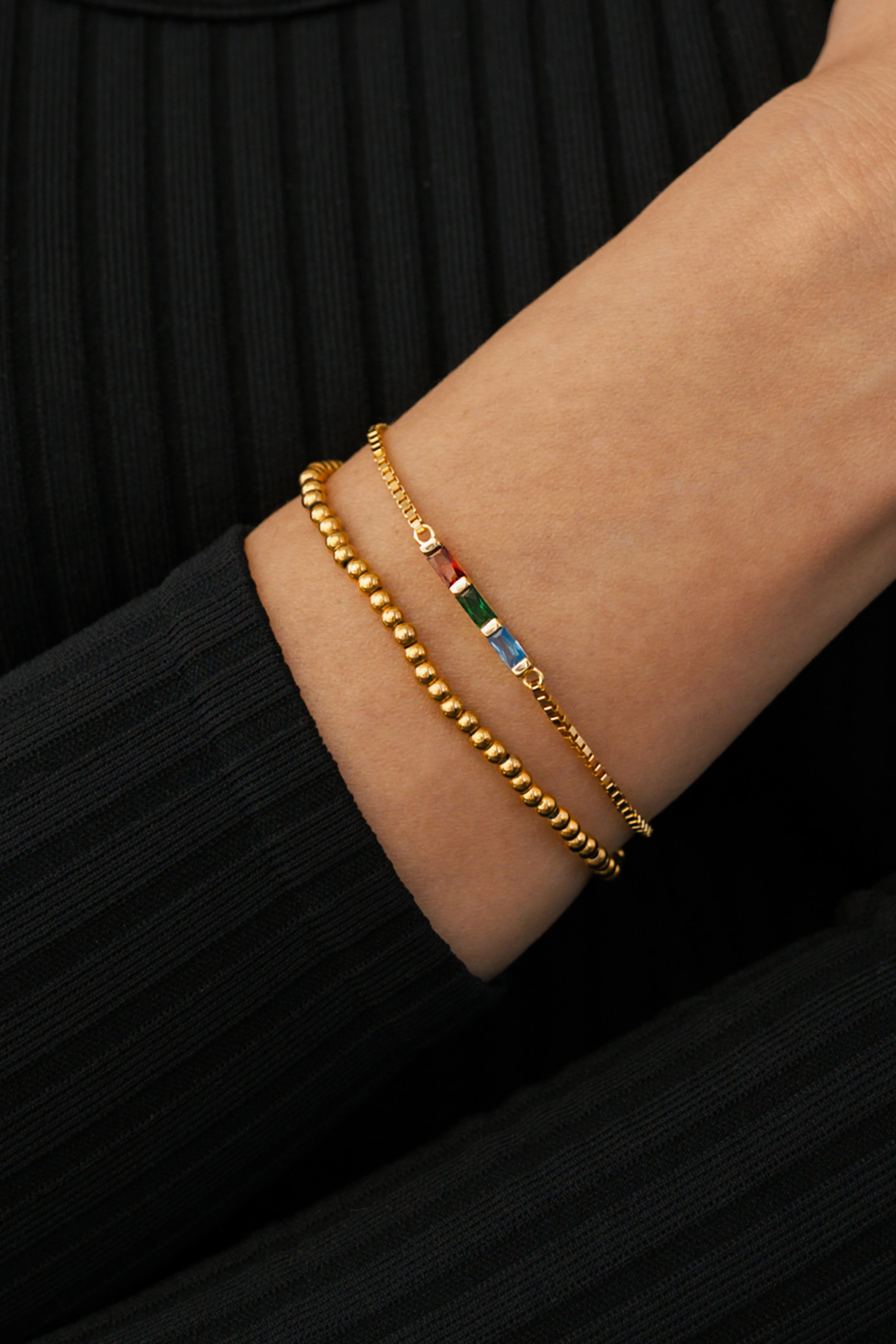 Dainty Baguette Birthstone Bracelet and Beaded Stacking Bracelet Set - Image 3