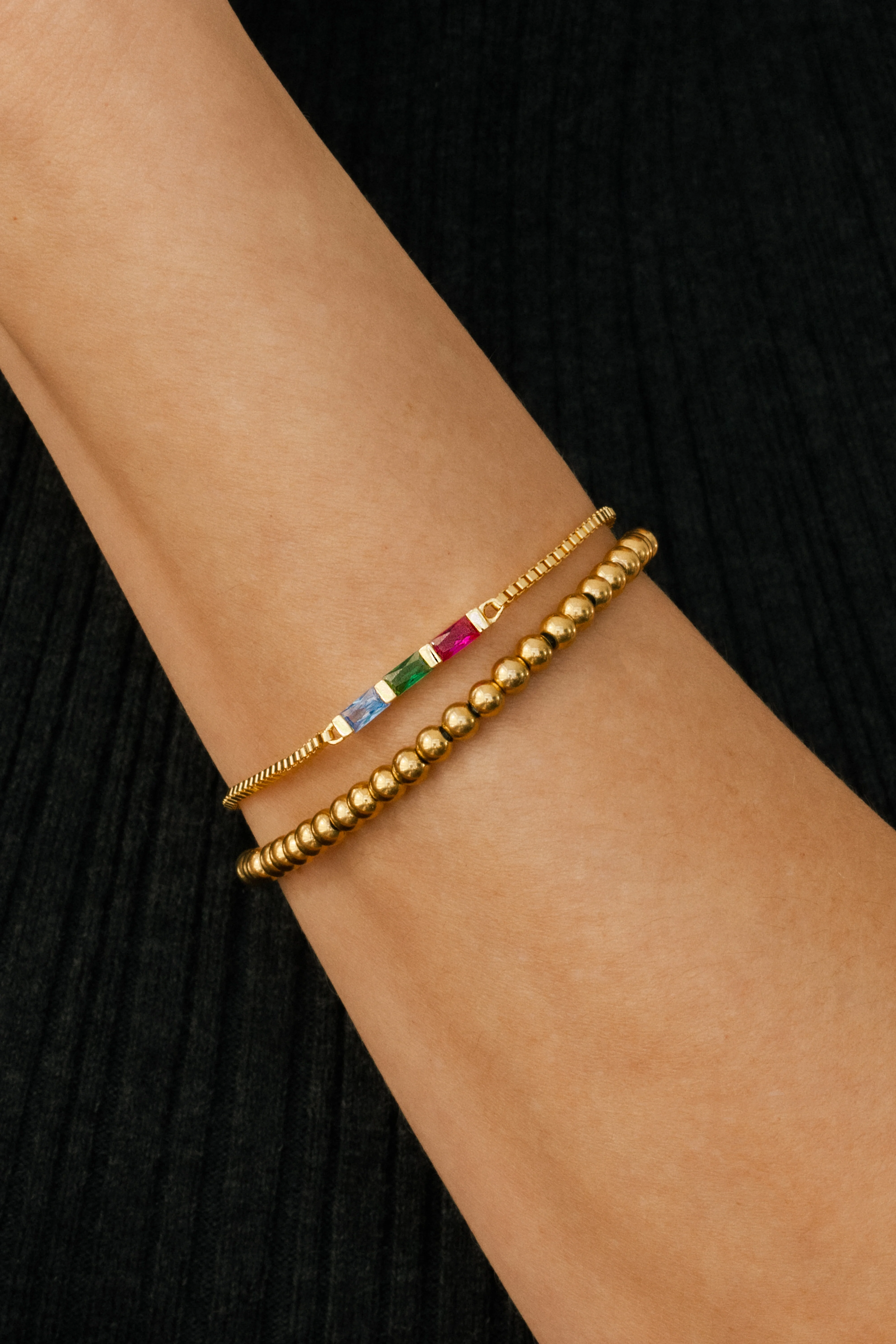 Dainty Baguette Birthstone Bracelet and Beaded Stacking Bracelet Set - Image 4