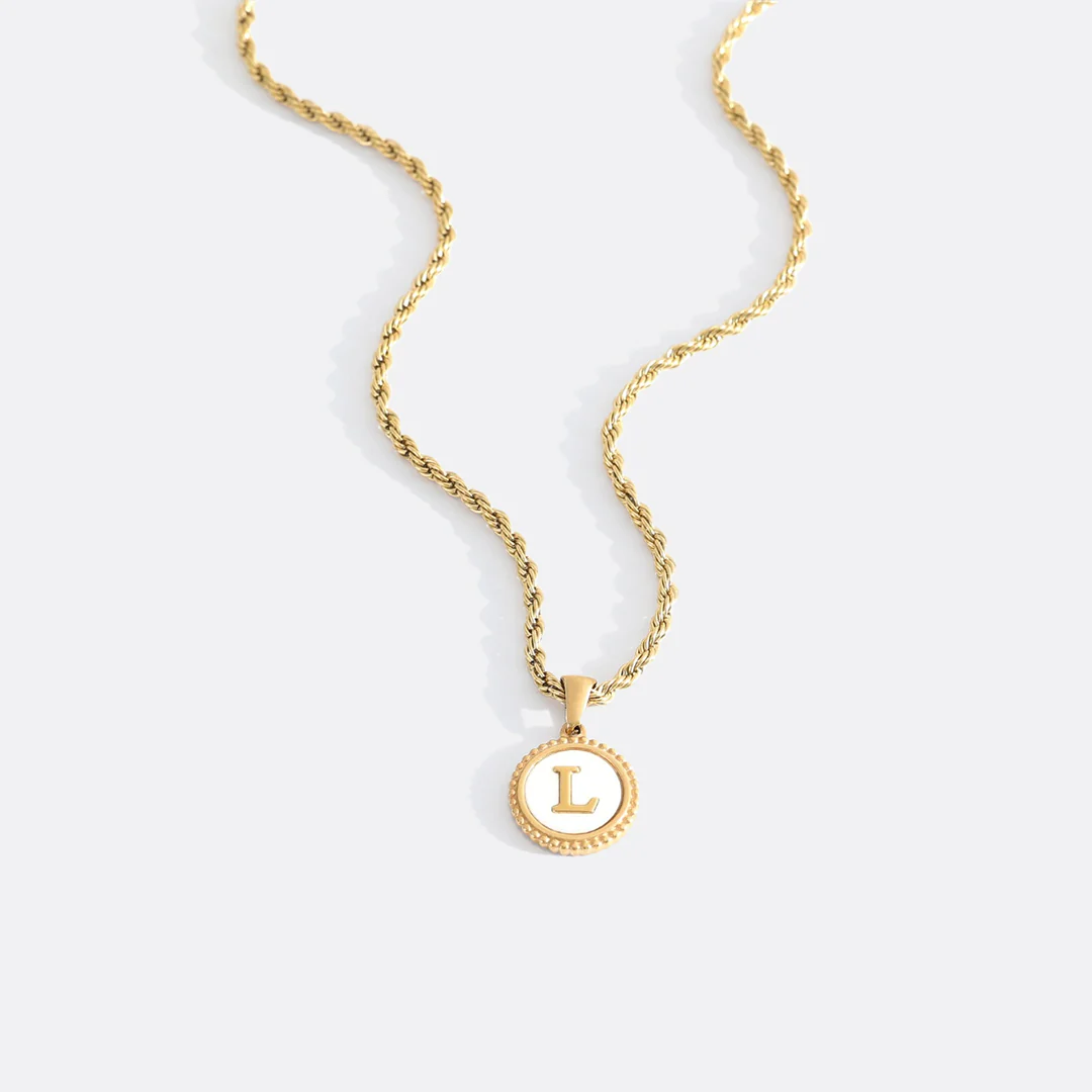 Mother of Pearl Disc Letter Necklace with Rope Chain - Image 16