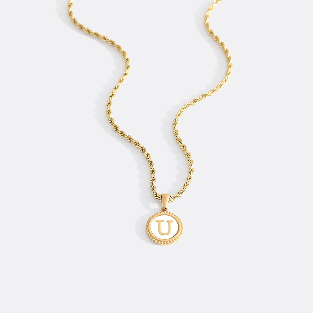 Mother of Pearl Disc Letter Necklace with Rope Chain - Image 25