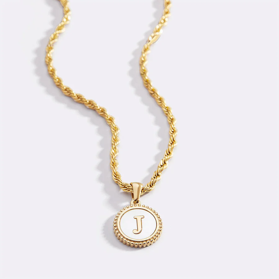 Mother of Pearl Disc Letter Necklace with Rope Chain - Image 4
