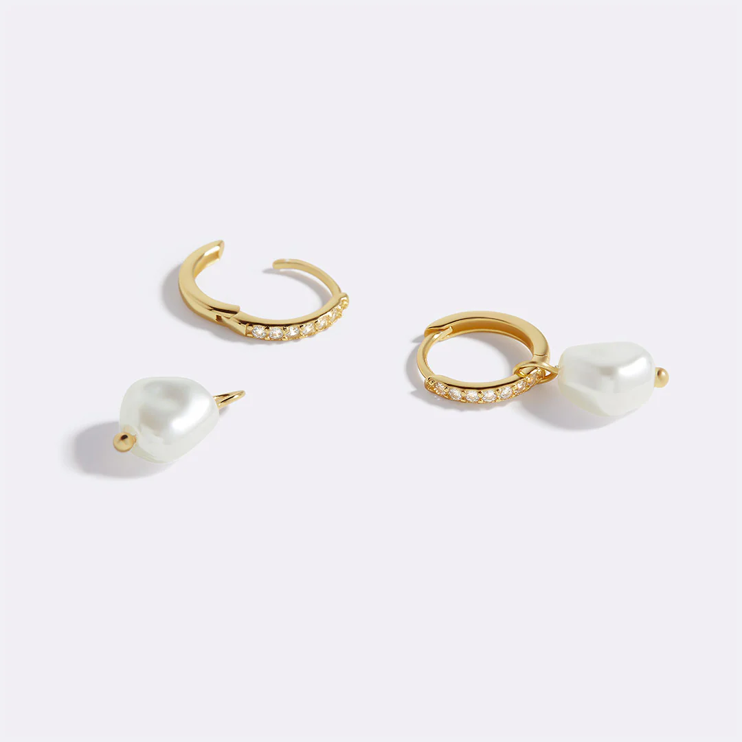 Freshwater Pearl Drop Pave Huggie Earrings - Image 17