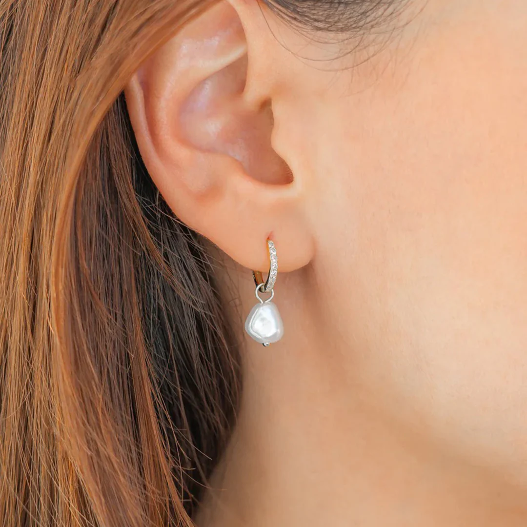 Freshwater Pearl Drop Pave Huggie Earrings - Image 18