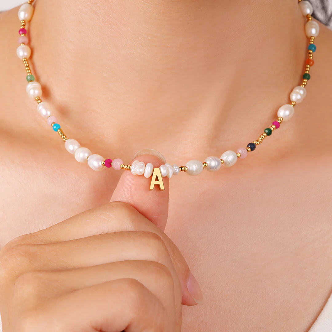 Gemstone and Pearl Initial Necklace - Image 3