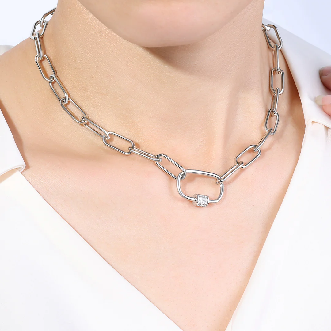 Link Chain Necklace with Pave Carabiner Clasp - Image 11