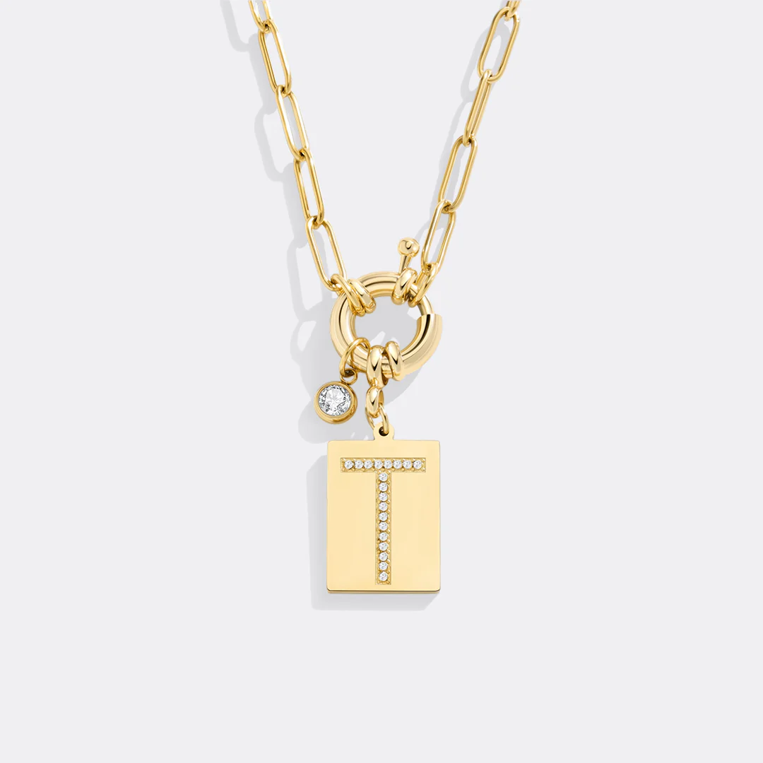 Gold Pave Initial Pendant Necklace with Paperclip Chain - Image 11