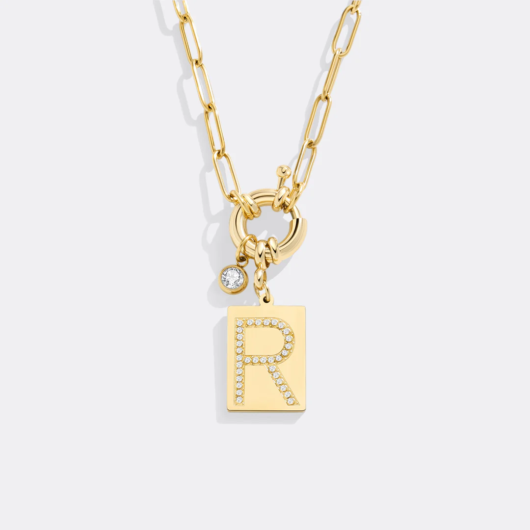 Gold Pave Initial Pendant Necklace with Paperclip Chain - Image 29