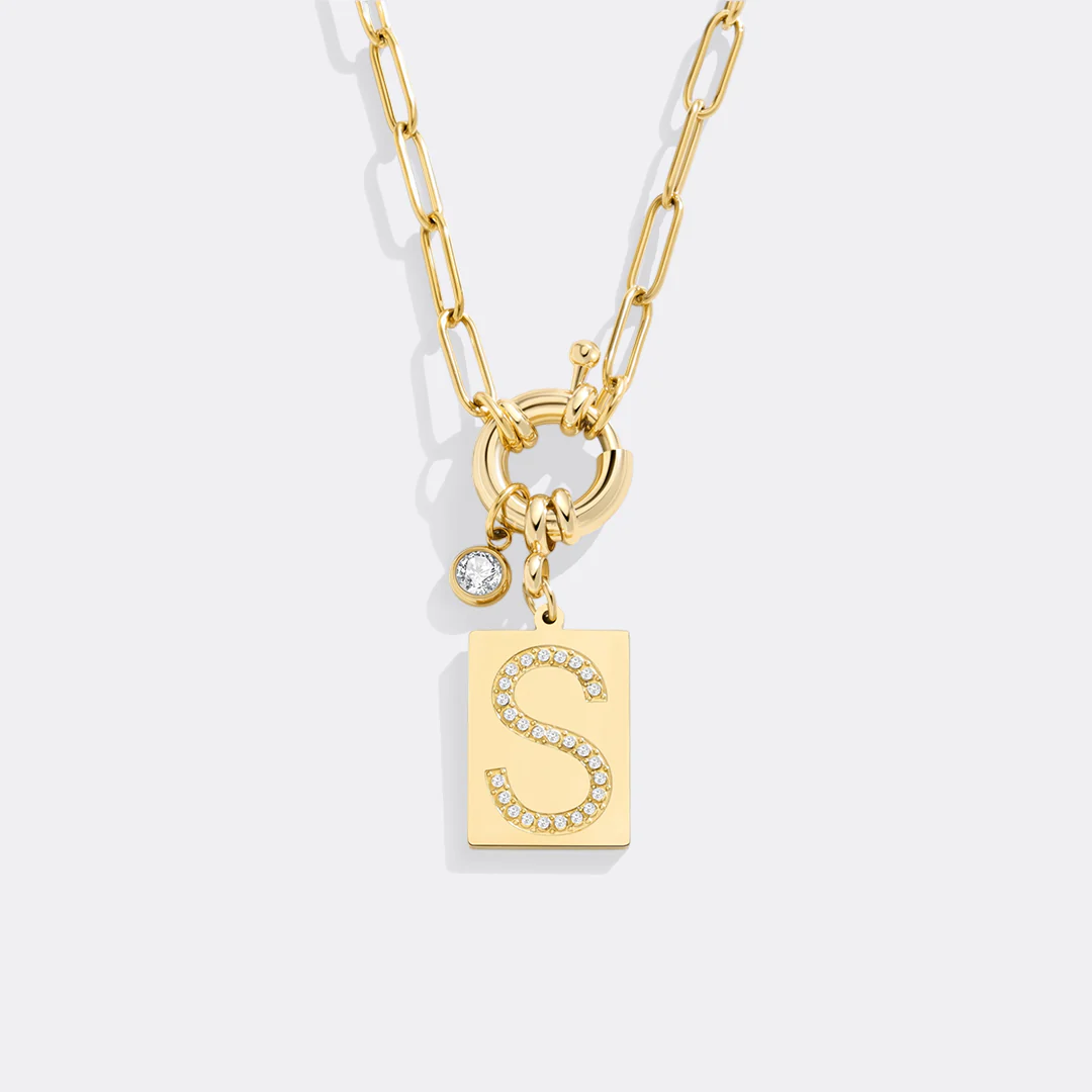 Gold Pave Initial Pendant Necklace with Paperclip Chain - Image 30