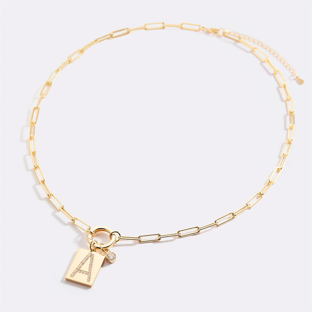 Gold Pave Initial Pendant Necklace with Paperclip Chain - Image 4