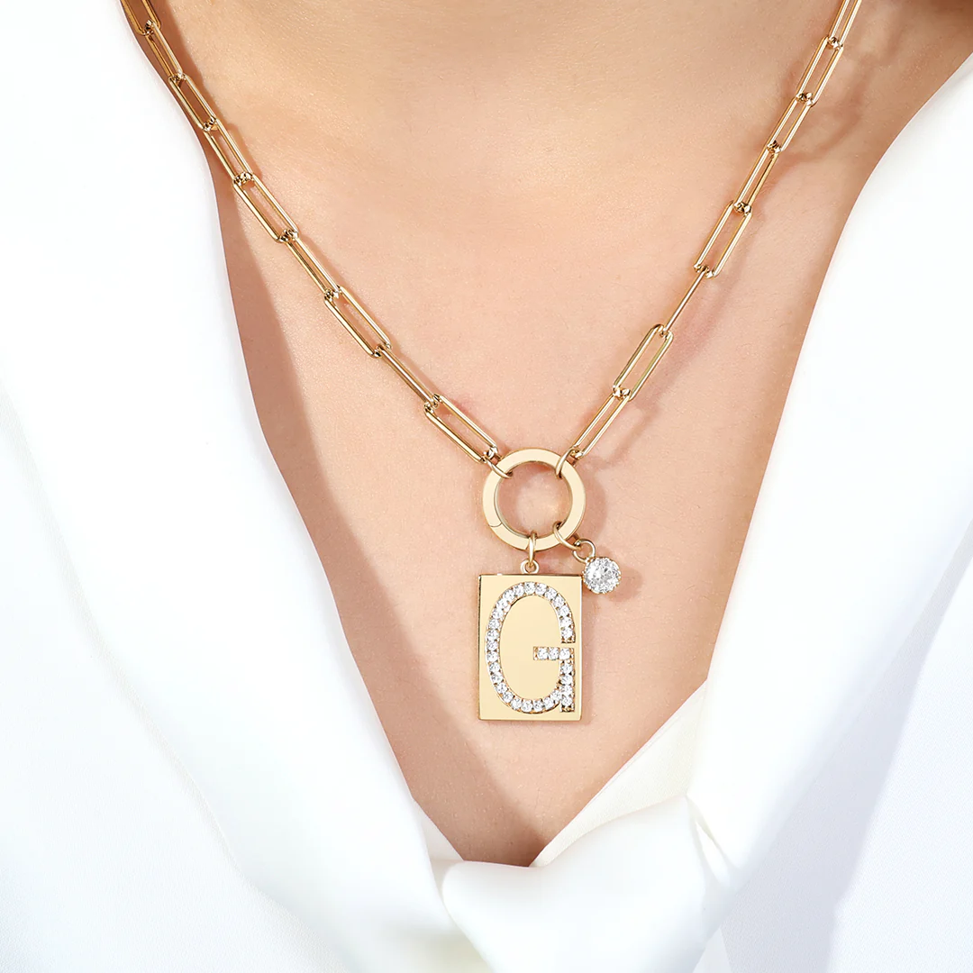 Gold Pave Initial Pendant Necklace with Paperclip Chain - Image 5