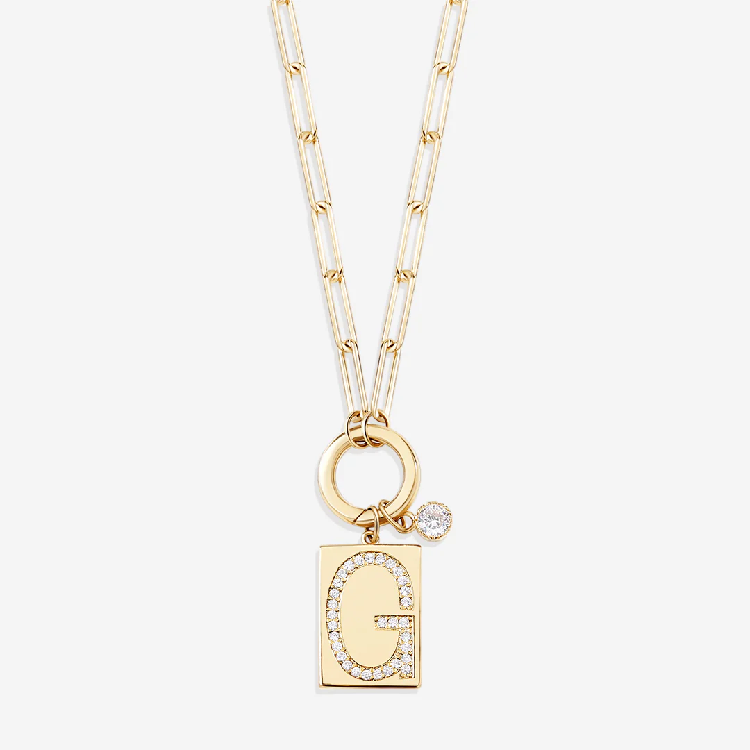 Gold Pave Initial Pendant Necklace with Paperclip Chain - Image 7