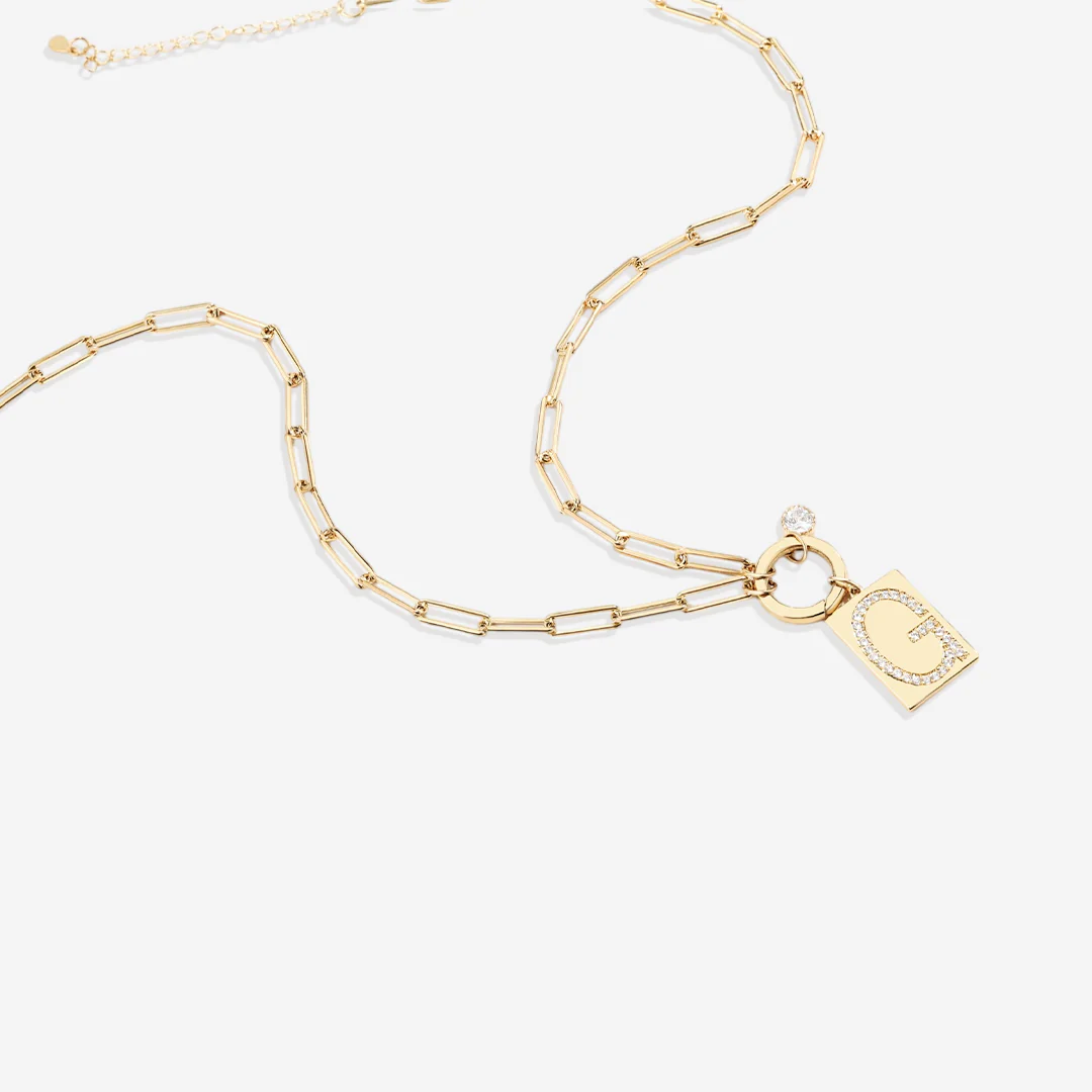 Gold Pave Initial Pendant Necklace with Paperclip Chain - Image 9