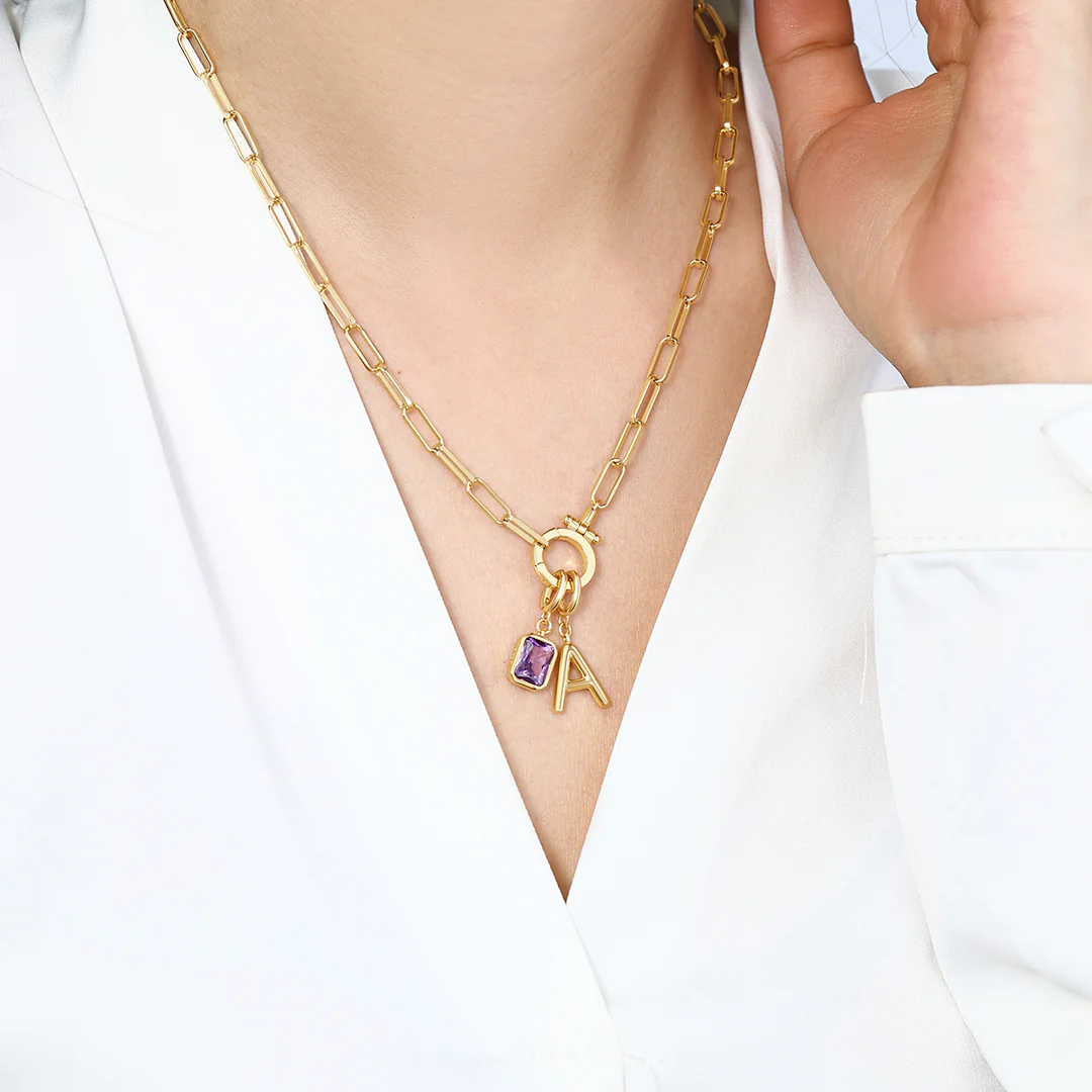 Mint Paperclip Necklace with Initial & Birthstone Charm - Image 10