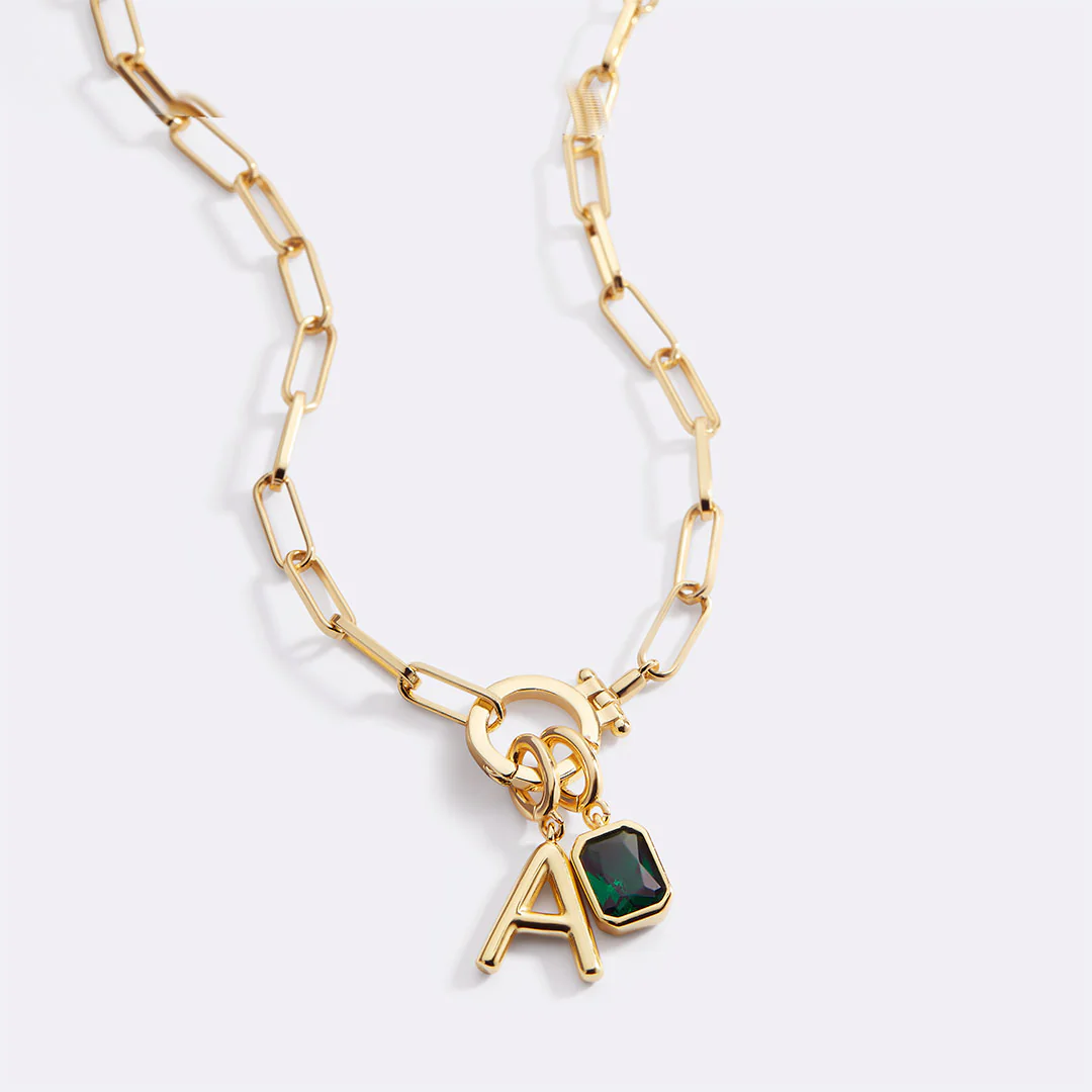 Mint Paperclip Necklace with Initial & Birthstone Charm - Image 20