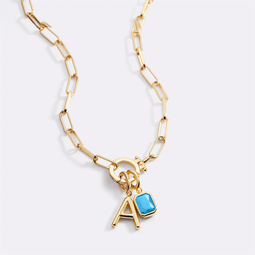 Mint Paperclip Necklace with Initial & Birthstone Charm - Image 23