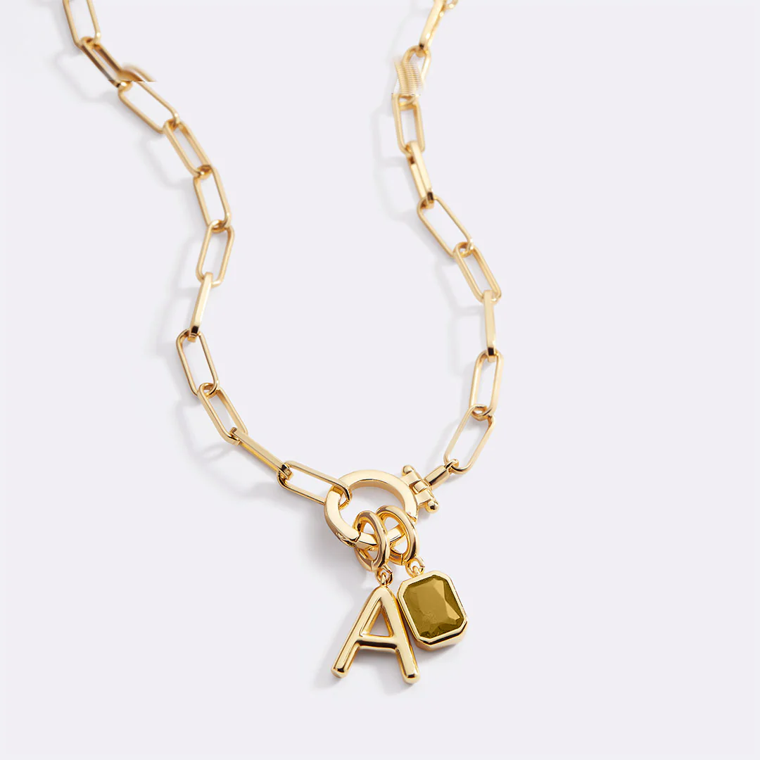 Mint Paperclip Necklace with Initial & Birthstone Charm - Image 28