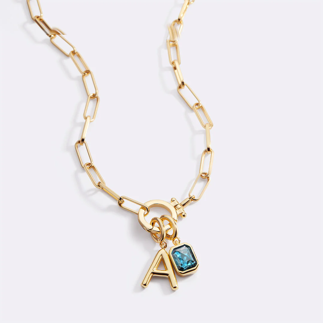 Mint Paperclip Necklace with Initial & Birthstone Charm - Image 3