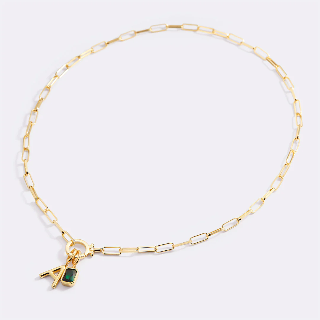 Mint Paperclip Necklace with Initial & Birthstone Charm - Image 32