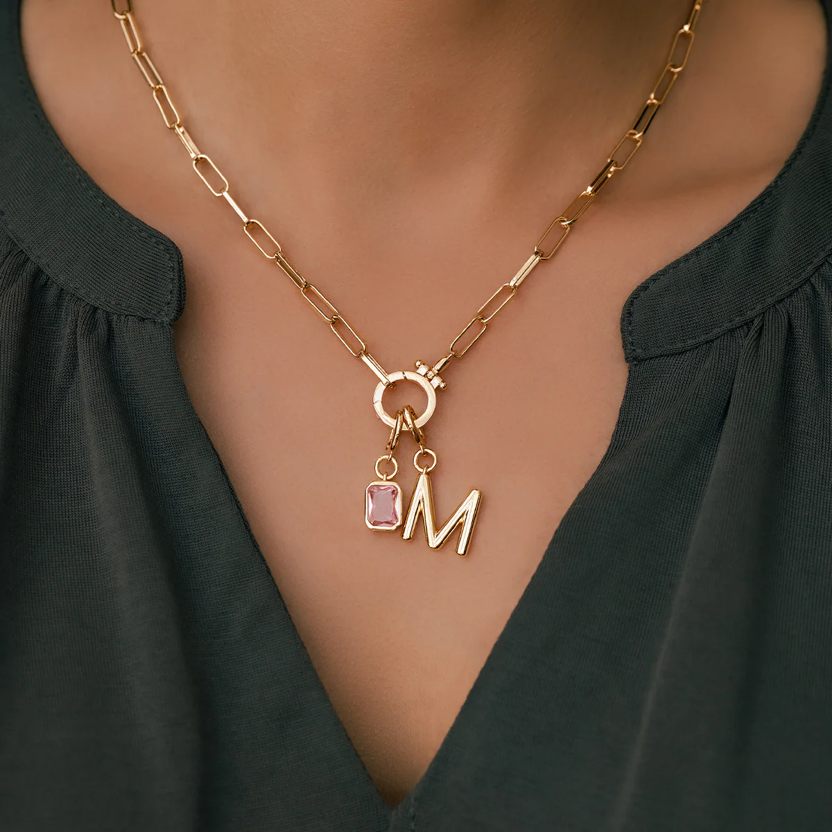 Mint Paperclip Necklace with Initial & Birthstone Charm - Image 41