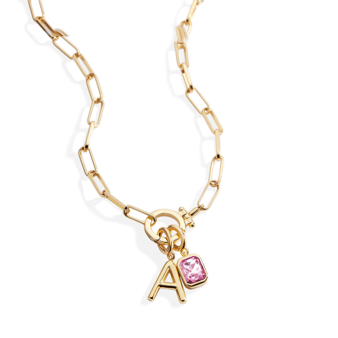 Mint Paperclip Necklace with Initial & Birthstone Charm - Image 59