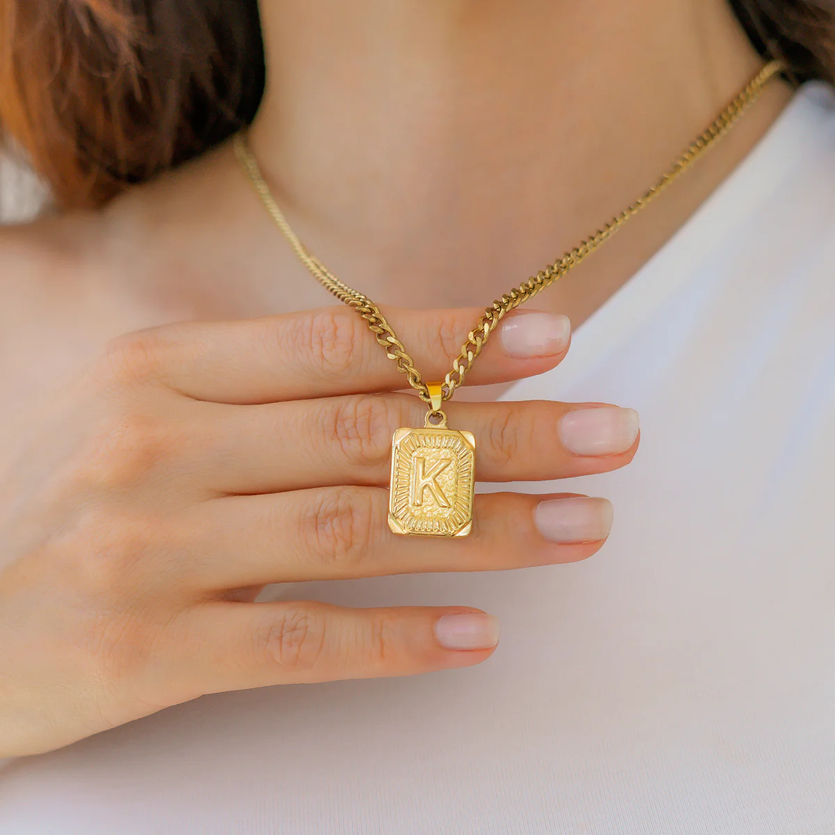 Initial Card Pendant Necklace with Curb Chain - Image 4