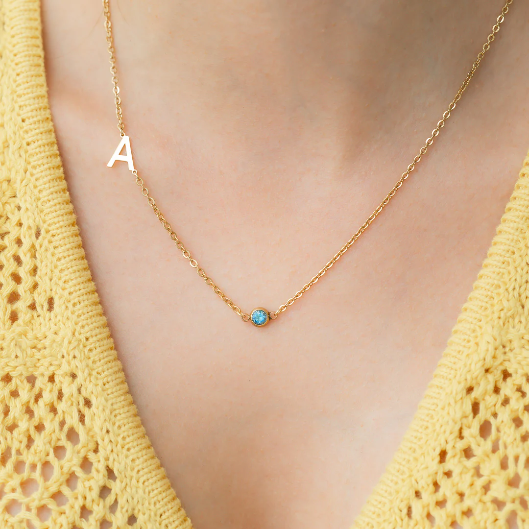 Initial Necklace with Birthstone Accent - Image 3