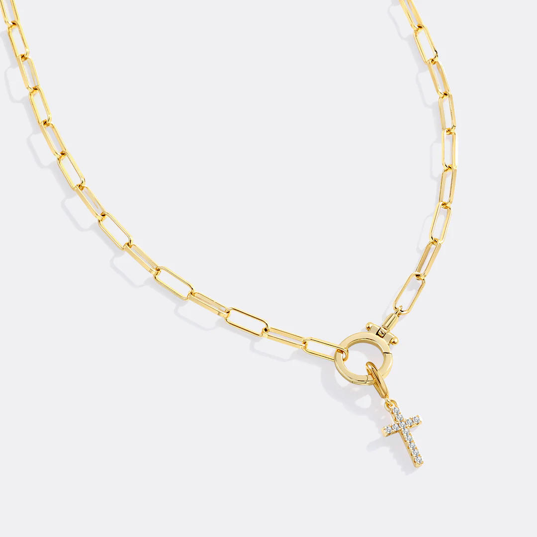 Mint Paperclip Necklace with Pave Cross Charm - Image 3