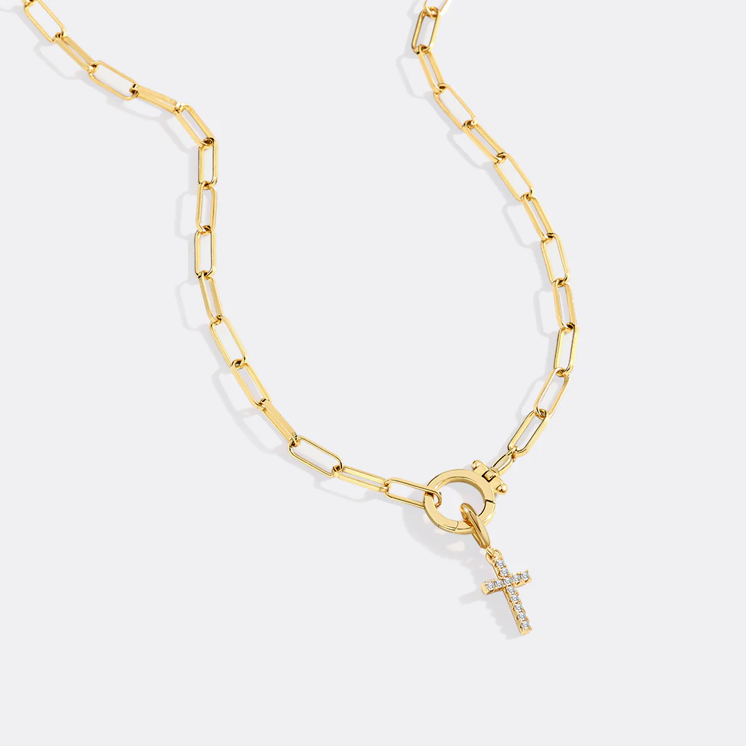 Mint Paperclip Necklace with Pave Cross Charm - Image 4