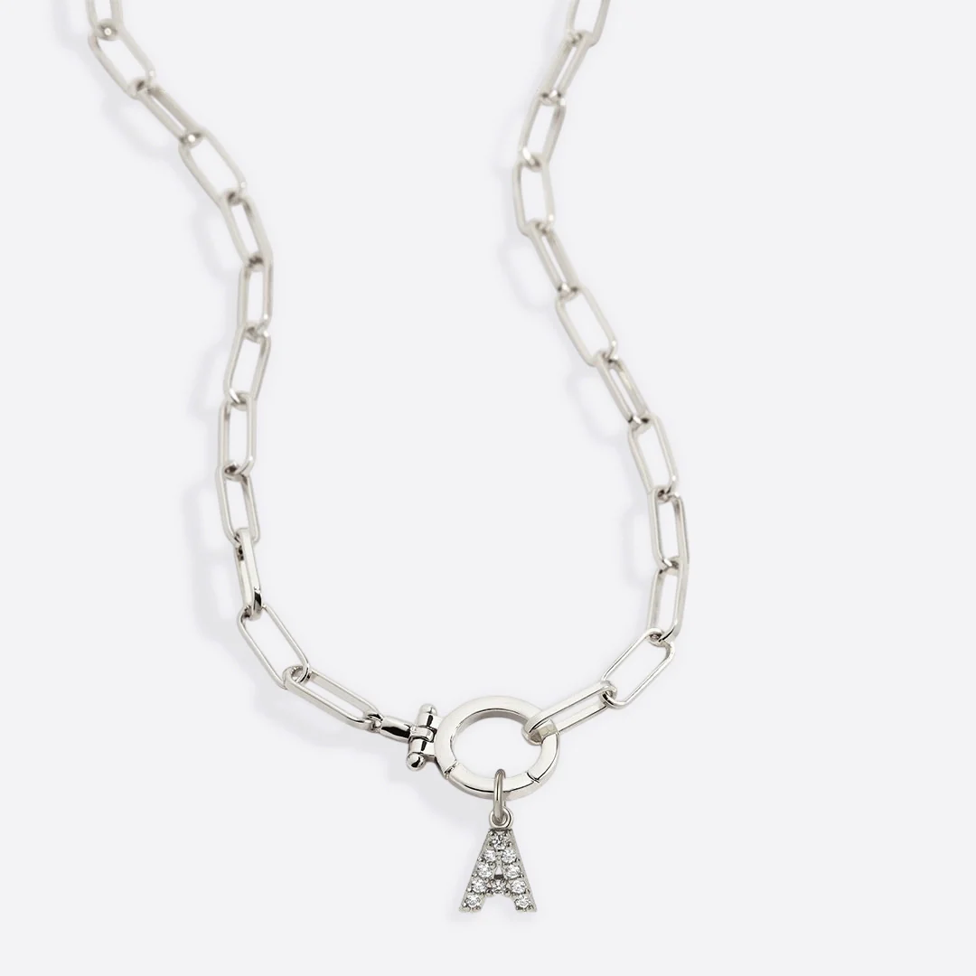 Mint Paperclip Necklace with Pave Initial Charm - Image 36
