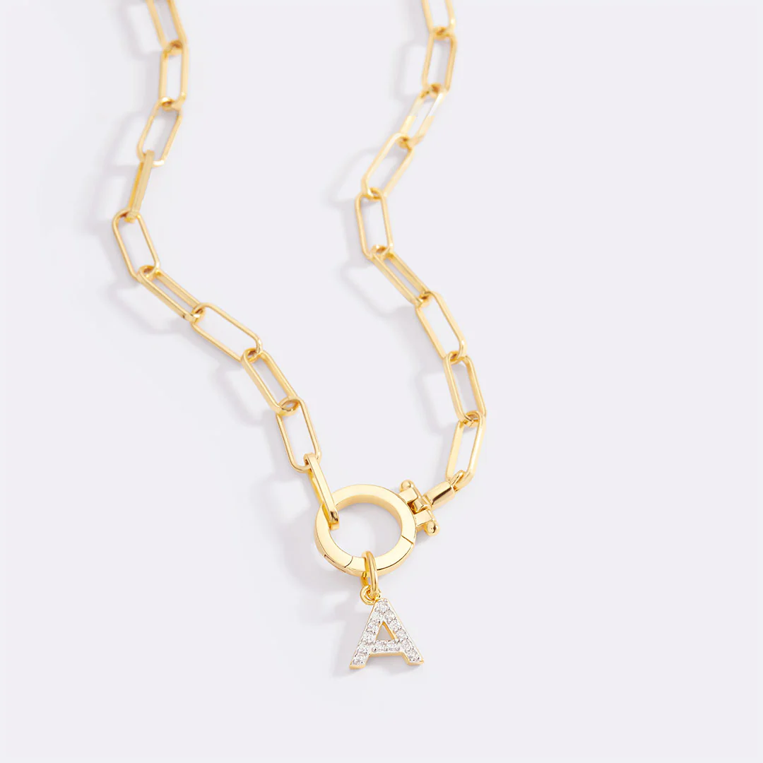 Mint Paperclip Necklace with Pave Initial Charm - Image 90