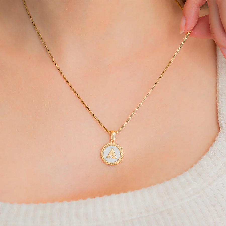 Mother of Pearl Disc Letter Necklace with Box Chain - Image 7
