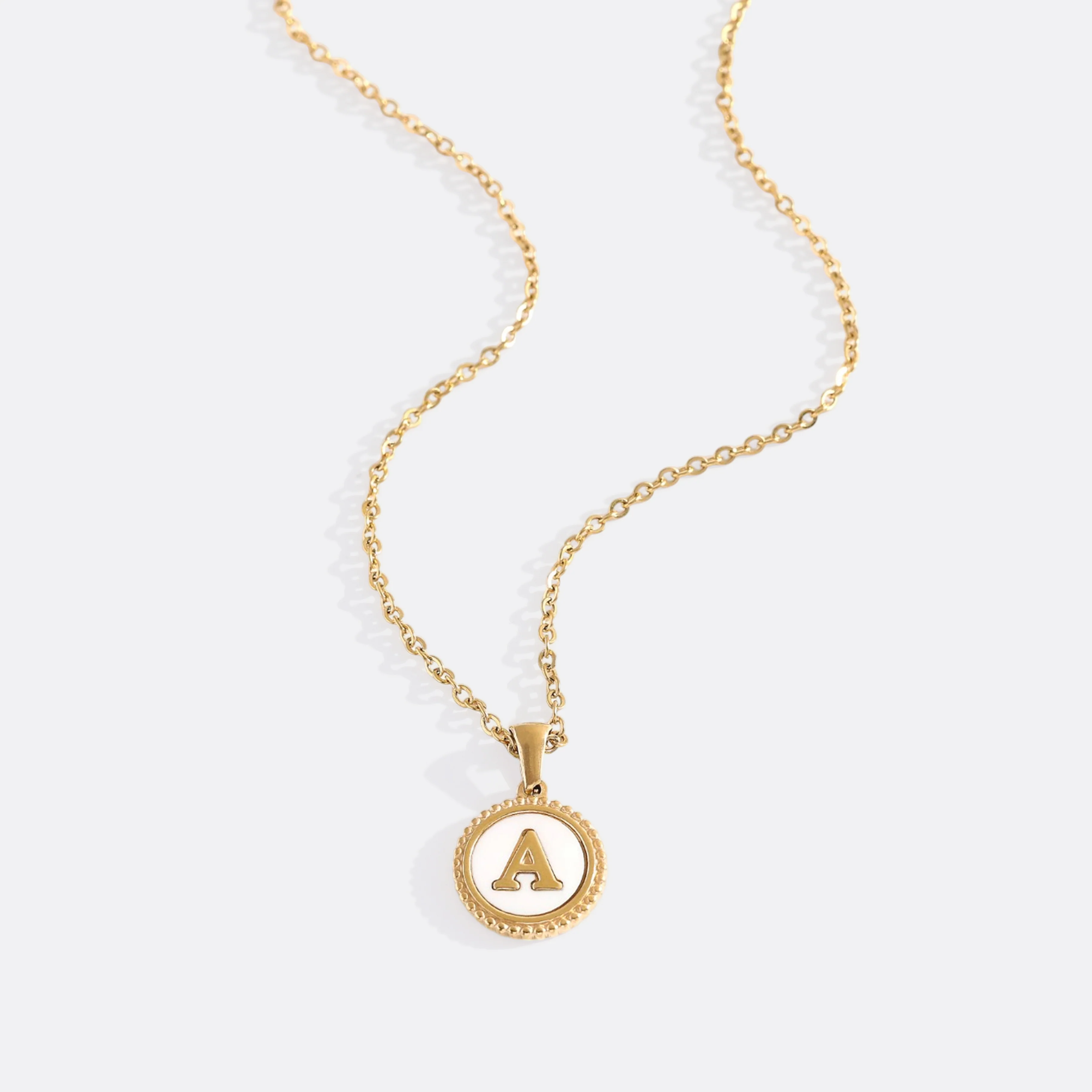 Mother of Pearl Disc Letter Necklace with Cable Chain - Image 2
