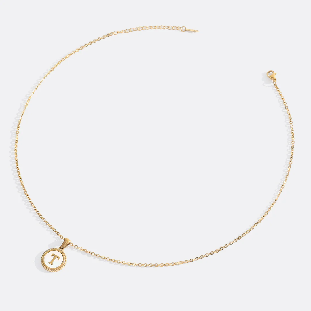 Mother of Pearl Disc Letter Necklace with Cable Chain - Image 46