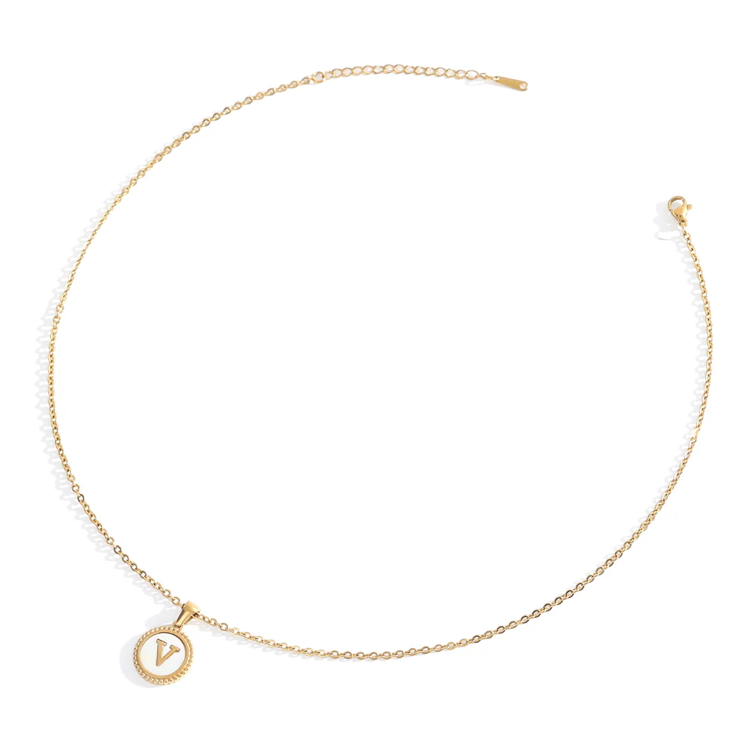 Mother of Pearl Disc Letter Necklace with Cable Chain - Image 60